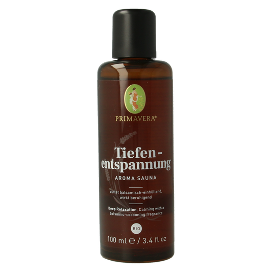 Primavera Sauna Therapy Deep Relaxation Bio essential oil in 100ml bottle, natural aromatic blend for relaxation and wellness.