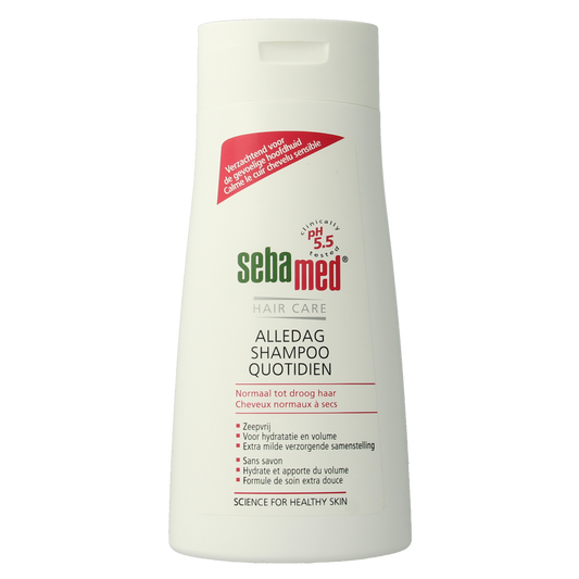 Sebamed daily shampoo in 400ml bottle, gentle hair care product with a clear pump dispenser, suitable for sensitive scalp.