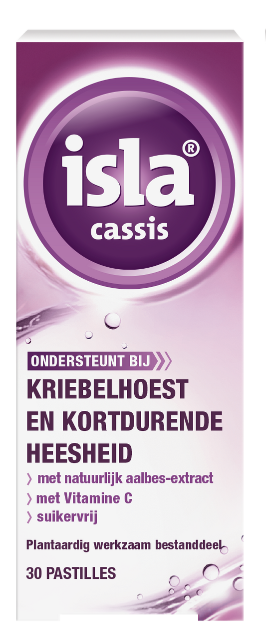 Isla Cassis keelpastille 30 pastilles for soothing cough relief, shown in a close-up image with packaging.