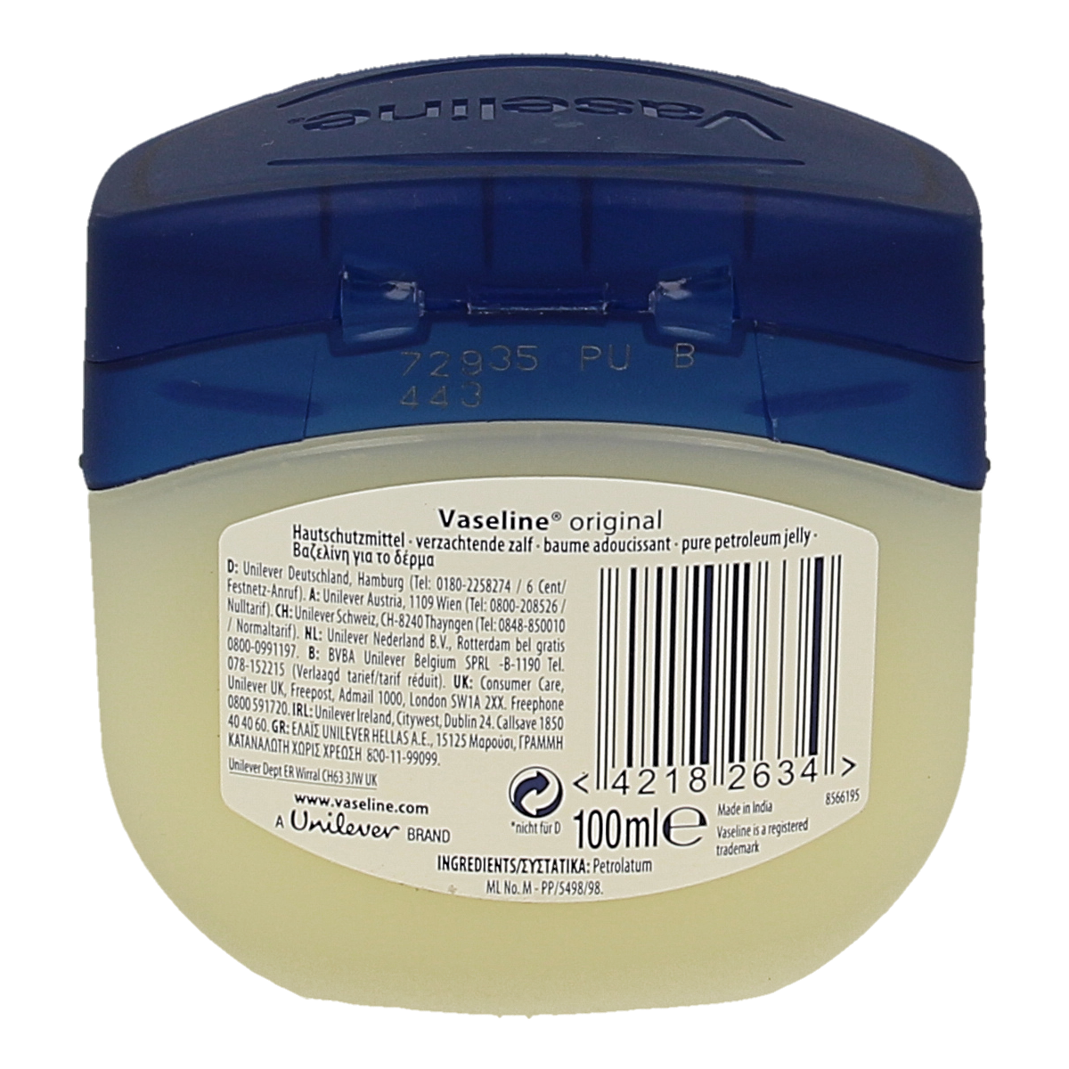Vaseline Petroleum Jelly Creme 85g for body care, creamy texture in a white jar with blue label, suitable for skin moisturizing.