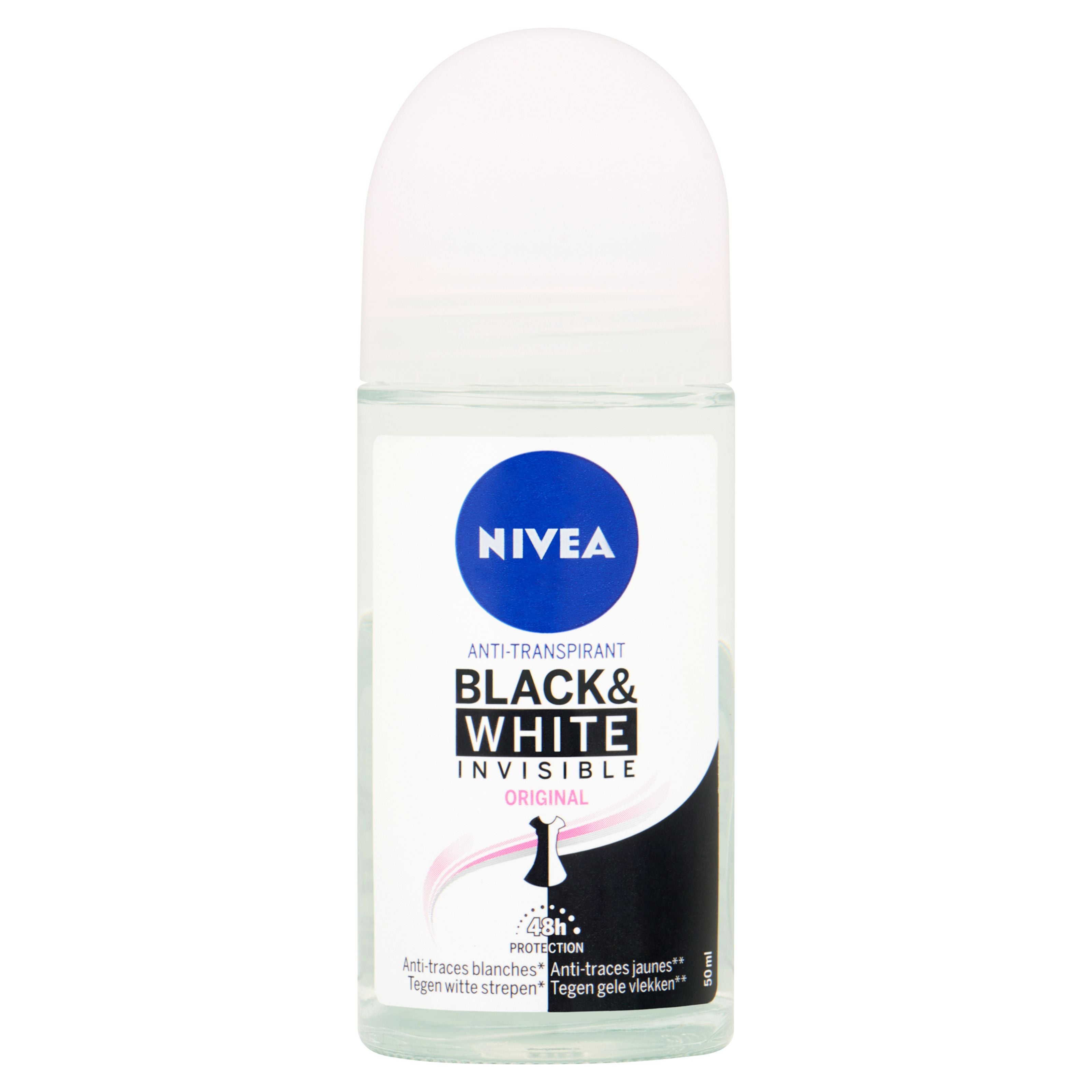 Nivea Invisible Black & White Deodorant Roll-on, 50ml, clear formula for odor protection and skin comfort.