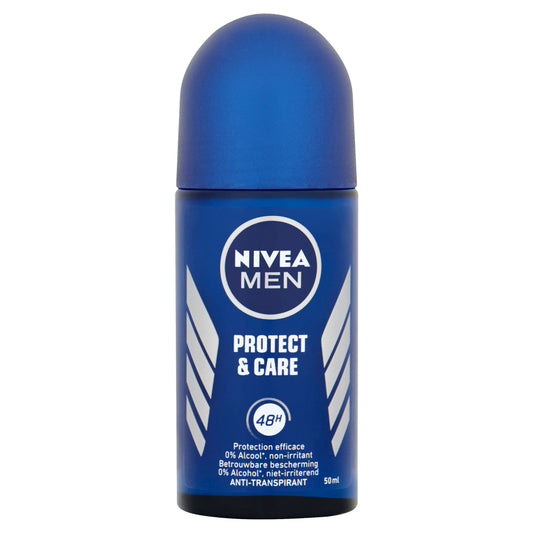 Nivea Men deodorant roller Protect & Care bottle, 50ml, showing the deodorant stick and packaging with branding visible.