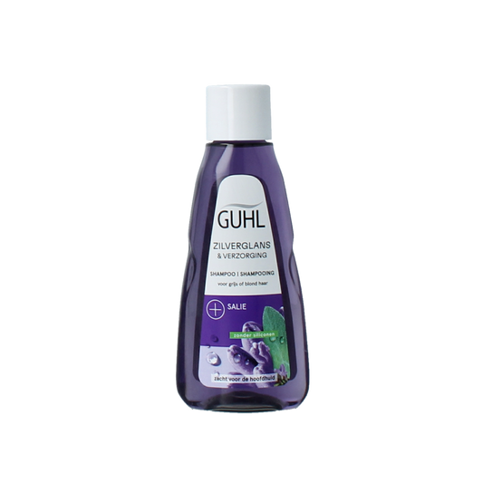 Guhl Zilverglans mini shampoo bottle, 50ml, for silver hair care, with silver shine and nourishing formula, shown on white background.