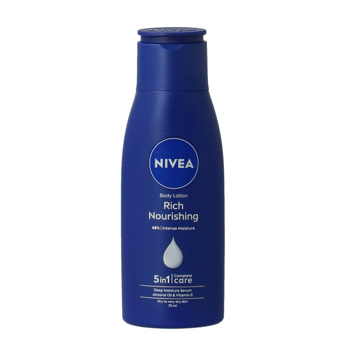 Nivea Bodymilk verzorgend body lotion in a 75ml bottle, nourishing skincare product for smooth, hydrated skin.