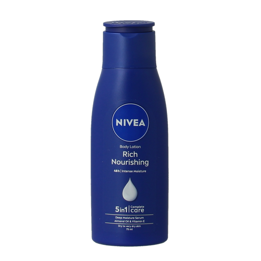 Nivea Bodymilk verzorgend body lotion in a 75ml bottle, nourishing skincare product for smooth, hydrated skin.