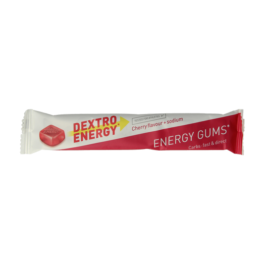Dextro Energy gums Kers & Sodium in 45g pack, colorful cherry-flavored chewable candy with sodium, branded by Dextro.