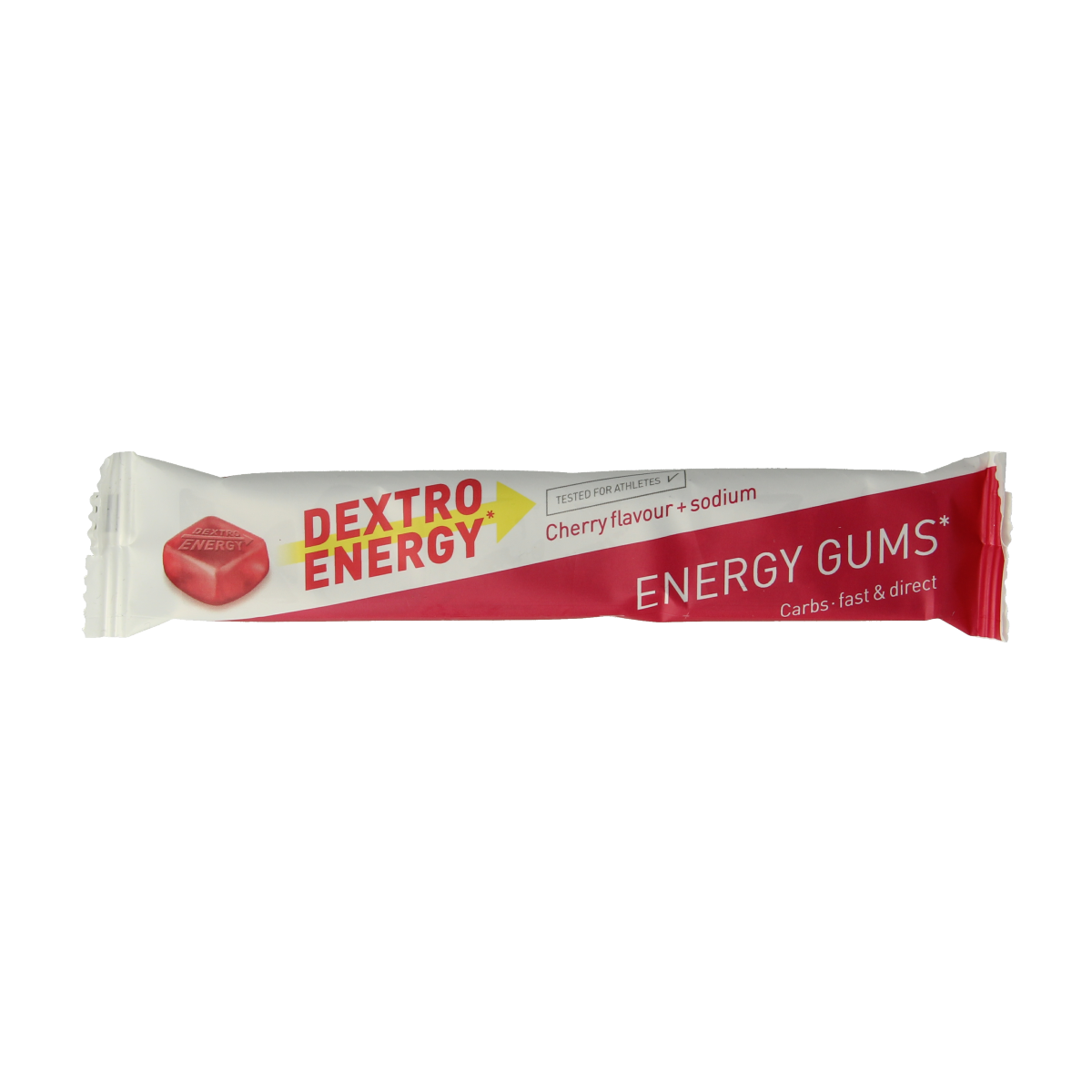 Dextro Energy gums with cherry and sodium flavor, 45 grams, showing the colorful gum package and branding.