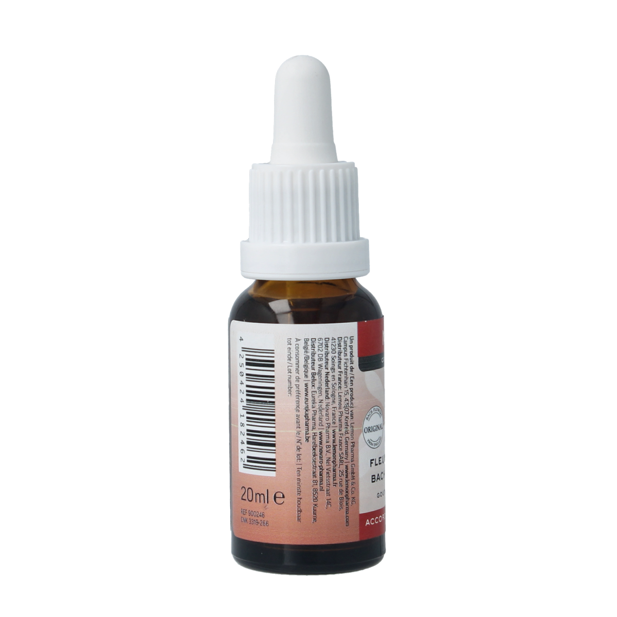 Bach Bloesem kruidenpreparaten mengeling 46 boosheid, 20ml, in een glazen fles met label, natuurlijk product van Bach Bloesem.
