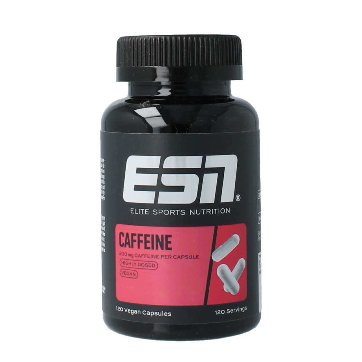 ESN Caffeine capsules, 120 count, herbal supplement, small black and white capsules in a clear container.