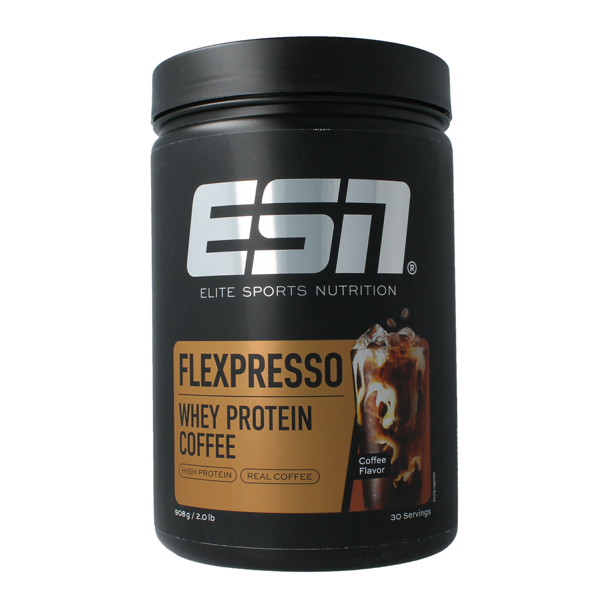 ESN Flexpresso protein coffee in coffee flavor, 908g, featuring a scoop and coffee beans on the packaging.