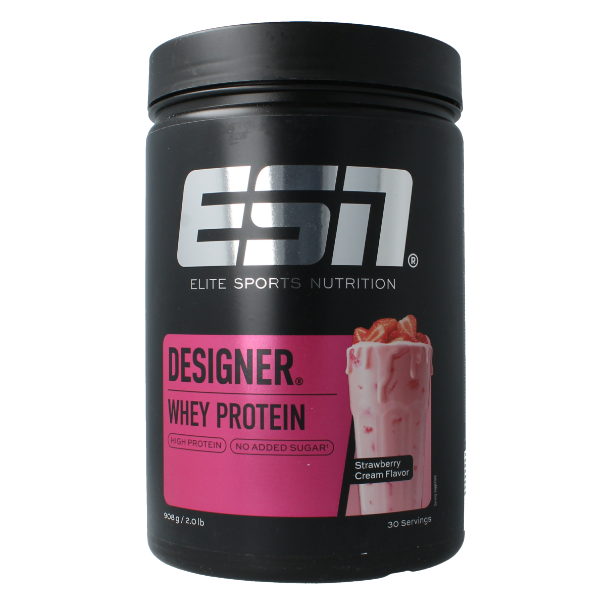 ESN Designer Whey Strawberry Cream amino acid supplement in 908g container, showcasing the product packaging with label details.