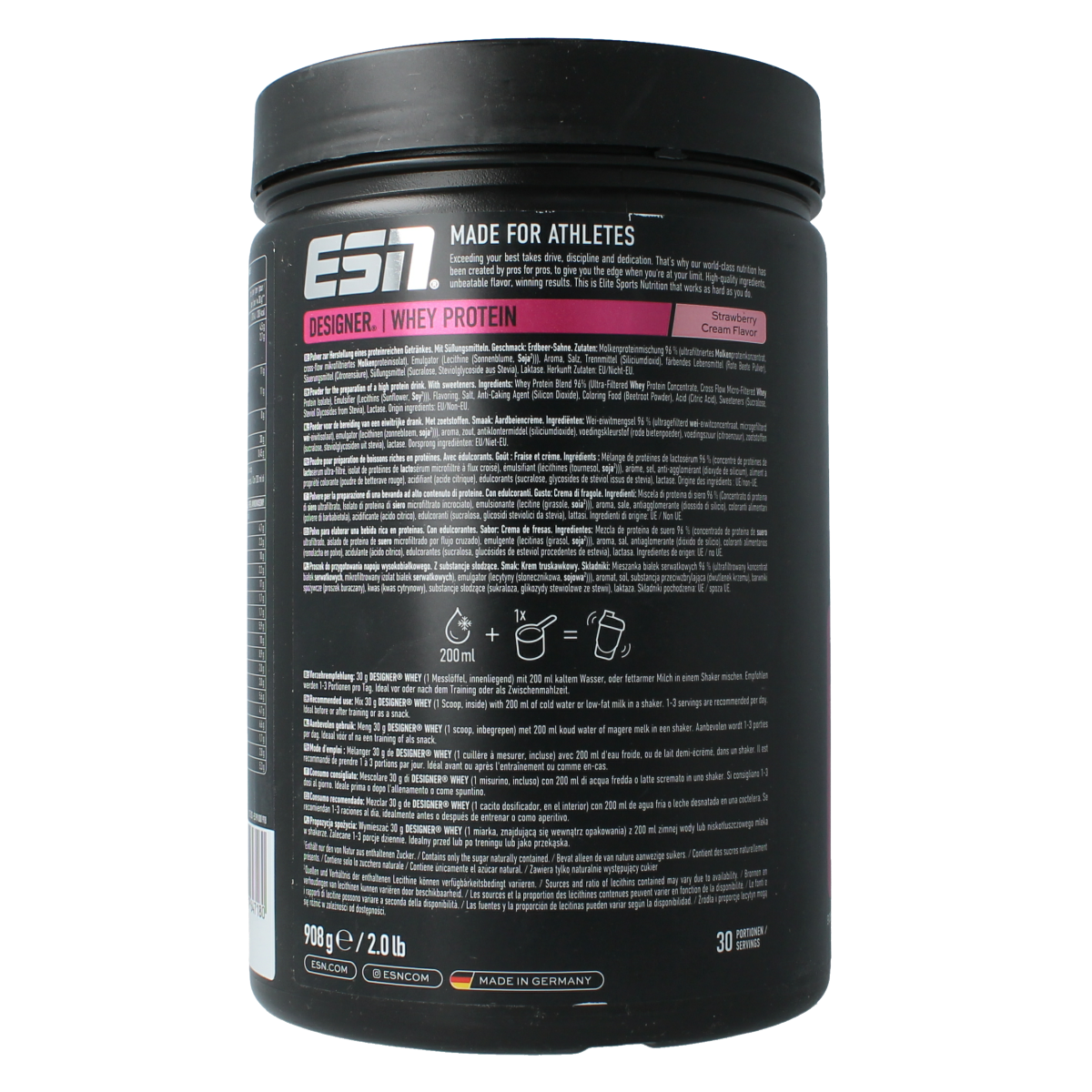 ESN Designer whey strawberry cream amino acids supplement in a 908g container, featuring a bright label with product details.