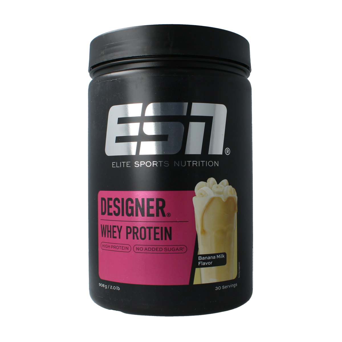 ESN Designer Whey Banana Milk amino acid supplement in 908g jar with banana flavor and label details.
