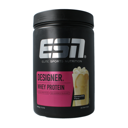 ESN Designer Whey Banana Milk amino acid supplement in 908g jar with banana flavor and label details.