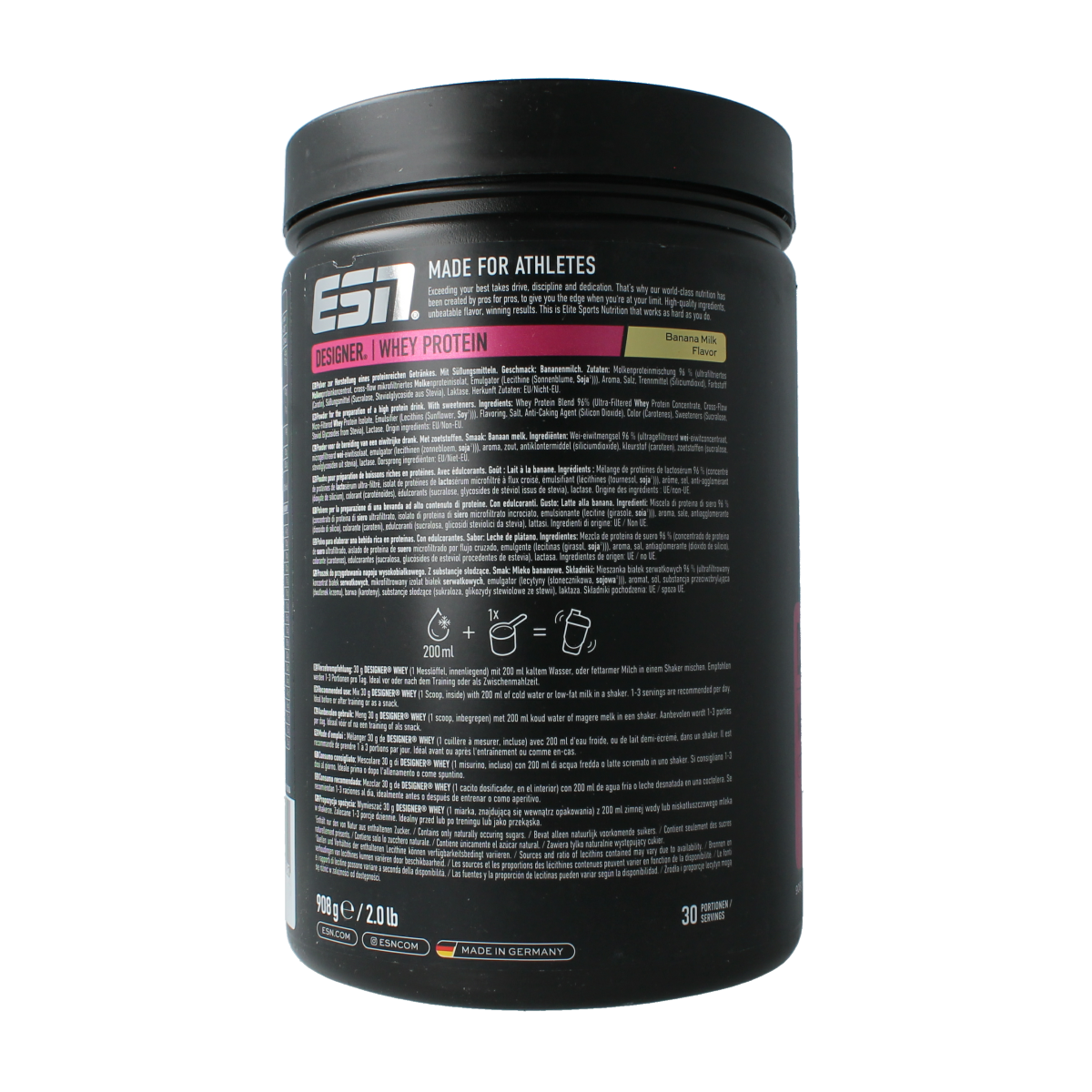 ESN Designer Whey Banana Milk amino acids supplement in a 908g container with banana flavor and label details.