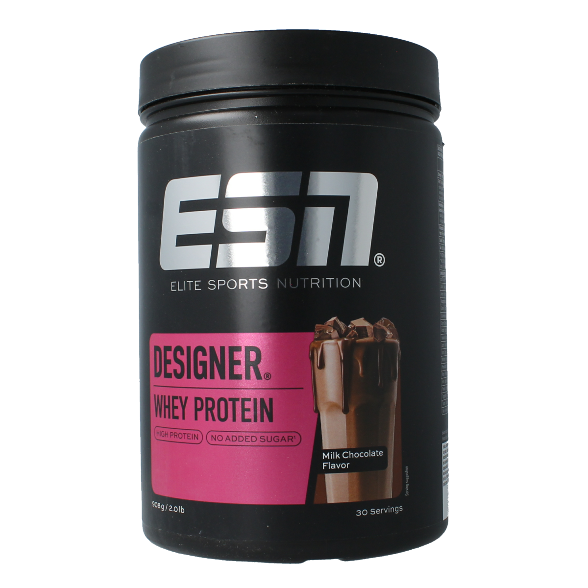 ESN Designer Whey milk chocolate amino acid supplement in 908g container, featuring the product label and packaging.
