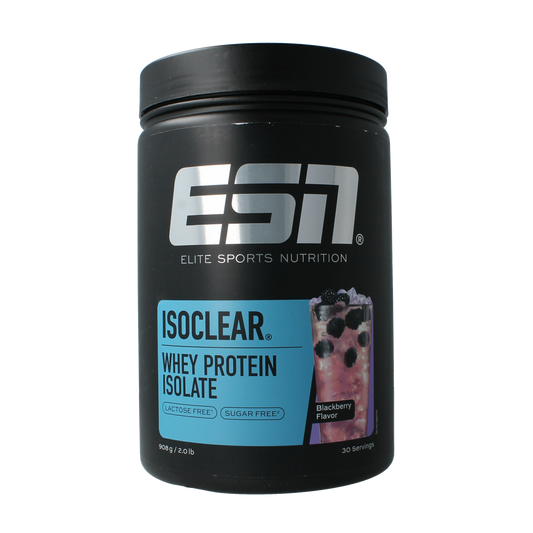 ESN Isoclear whey isolate protein powder in blackberry flavor, 908 grams, featuring amino acids for muscle recovery.
