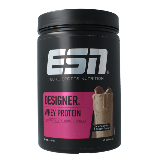 ESN Designer whey protein Dark Cookies & Cream flavor in 908g jar, featuring amino acids supplement with a cookies and cream design.