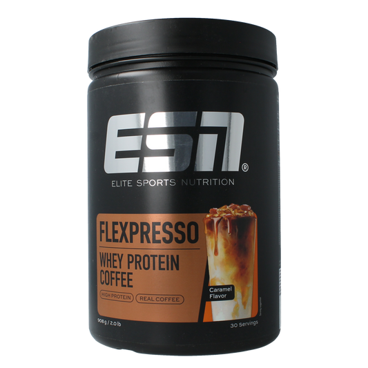 ESN Flexpresso caramel flavored protein coffee in 908g jar, showing the coffee and caramel flavor packaging.