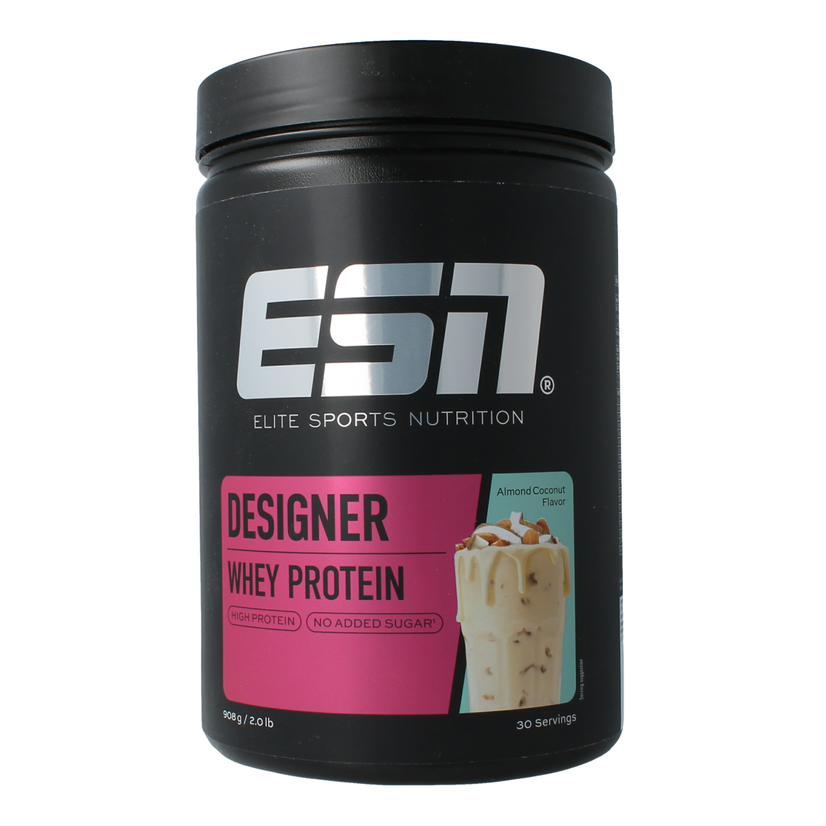 ESN Designer Whey Almond Coconut amino acids supplement in 908g container, featuring a scoop and flavorful almond coconut flavor.