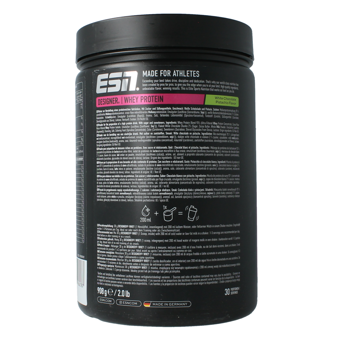 ESN Designer whey protein in white chocolate pistachio flavor, 908 grams, featuring amino acids for muscle recovery and nutrition.