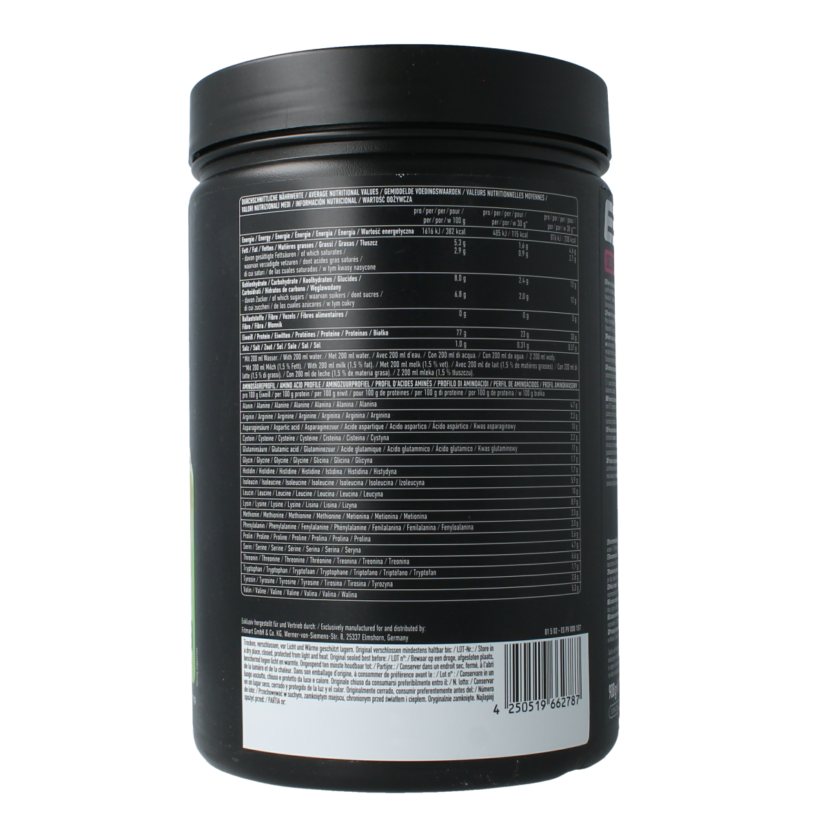 ESN Designer whey protein with white chocolate pistachio flavor, 908g, featuring amino acids, in a white container.