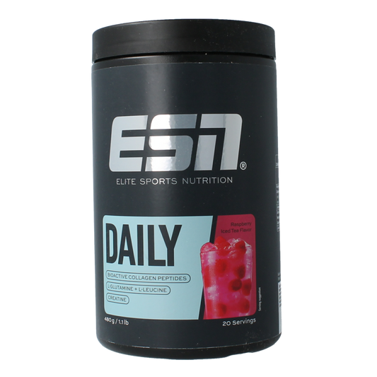 ESN Daily Raspberry Ice Tea AminoZuren supplement in a 480g container, featuring raspberry flavor and product label.