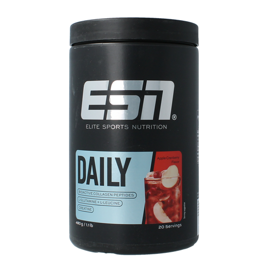 ESN Daily Apple Cranberry AminoZuren supplement in 480g container, with apple and cranberry flavor and label details.