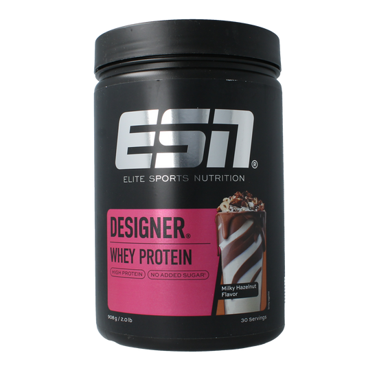 ESN Designer Whey Milky Hazelnut amino acids supplement, 908g jar with hazelnut flavored protein powder in a container