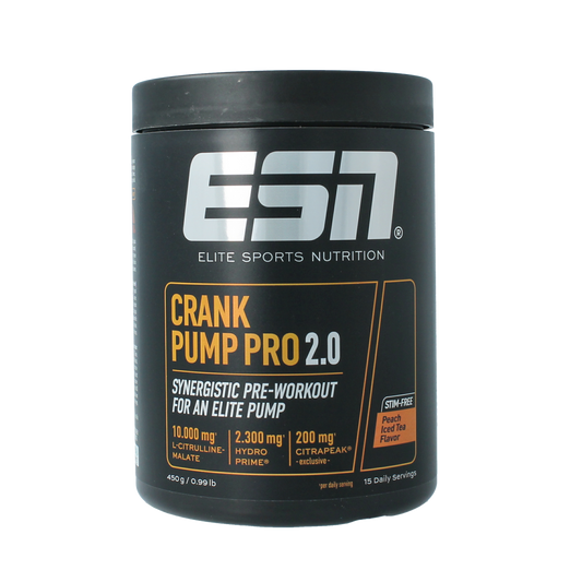 ESN Crank Pump Pro 2.0 Peach Tea amino acids supplement in 450g container, featuring peach tea flavor and supplement packaging.