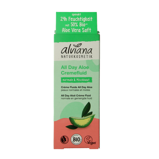 Alviana All Day Aloe Creme Fluid in 50ml bottle, facial skincare product with aloe vera for soothing and hydrating skin.