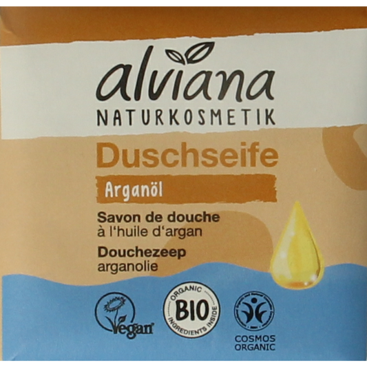 Alviana Douchezeep body wash bar with argan oil, 100g, natural soap for gentle cleansing in a white and green packaging.