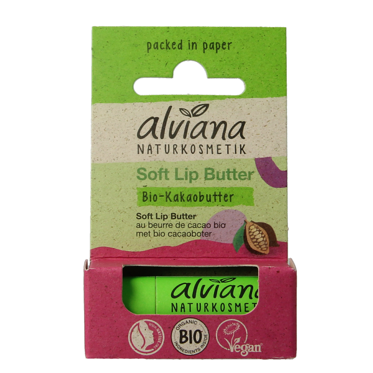 Alviana Lip Butter with cocoa butter in a 5g container, soft lip care product for nourishing and moisturizing lips.