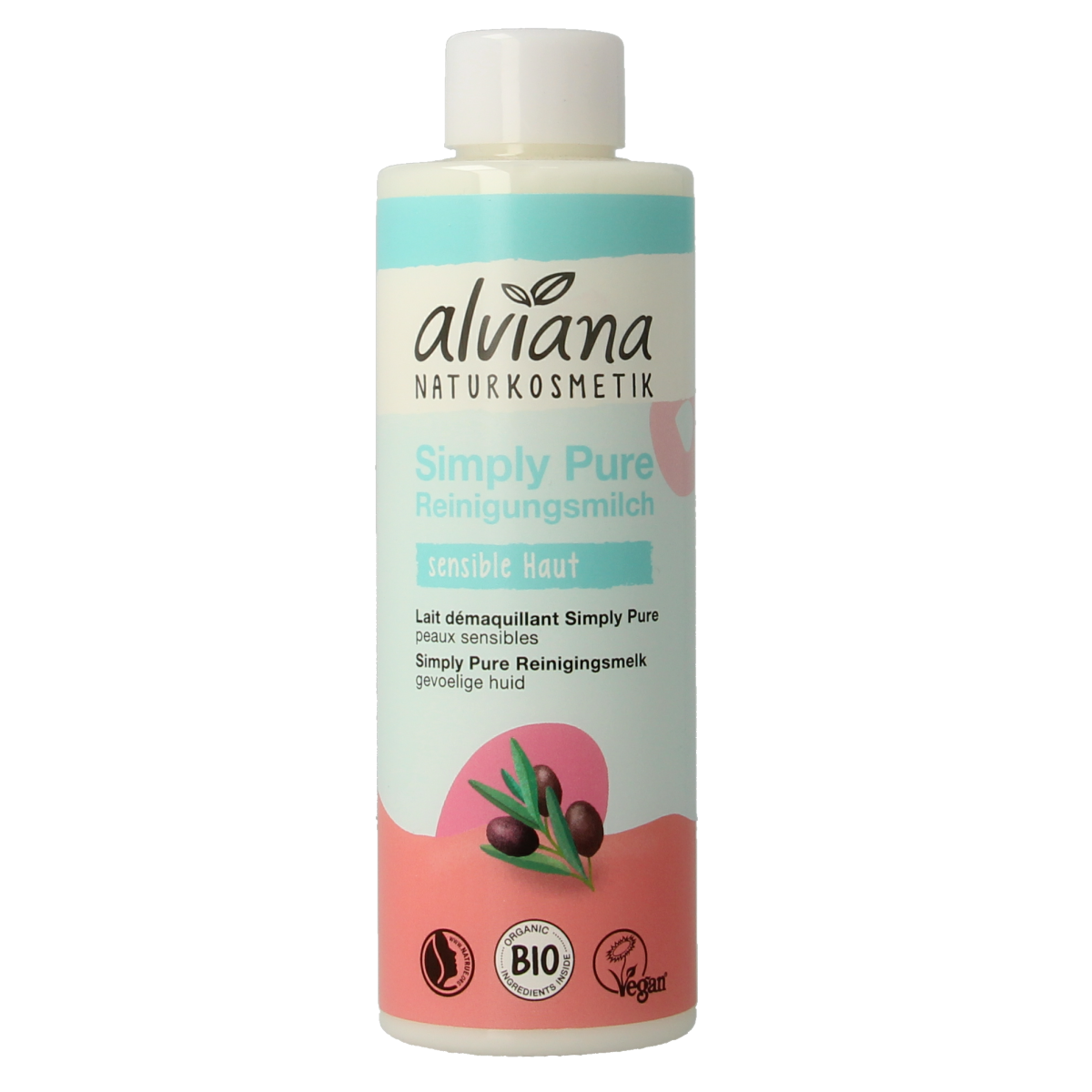 Alviana Simply Pure Cleansing Milk 200ml, facial skincare product with a white bottle and pump for gentle face cleansing