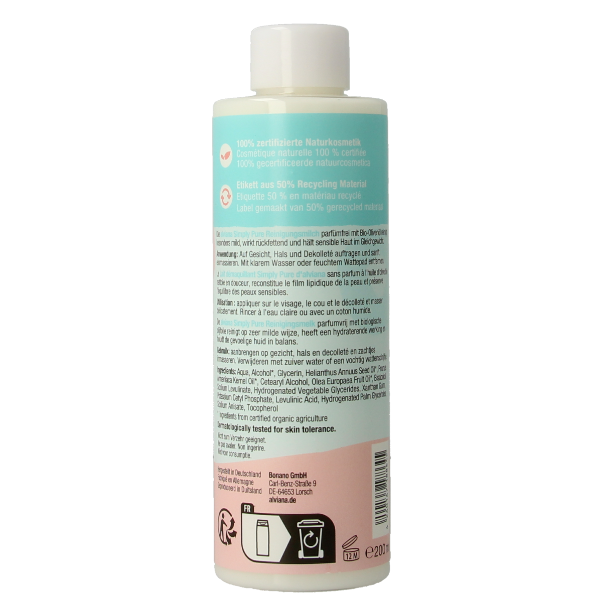 Alviana Simply Pure cleansing milk in a 200ml bottle, gentle facial skincare product for removing makeup and impurities.