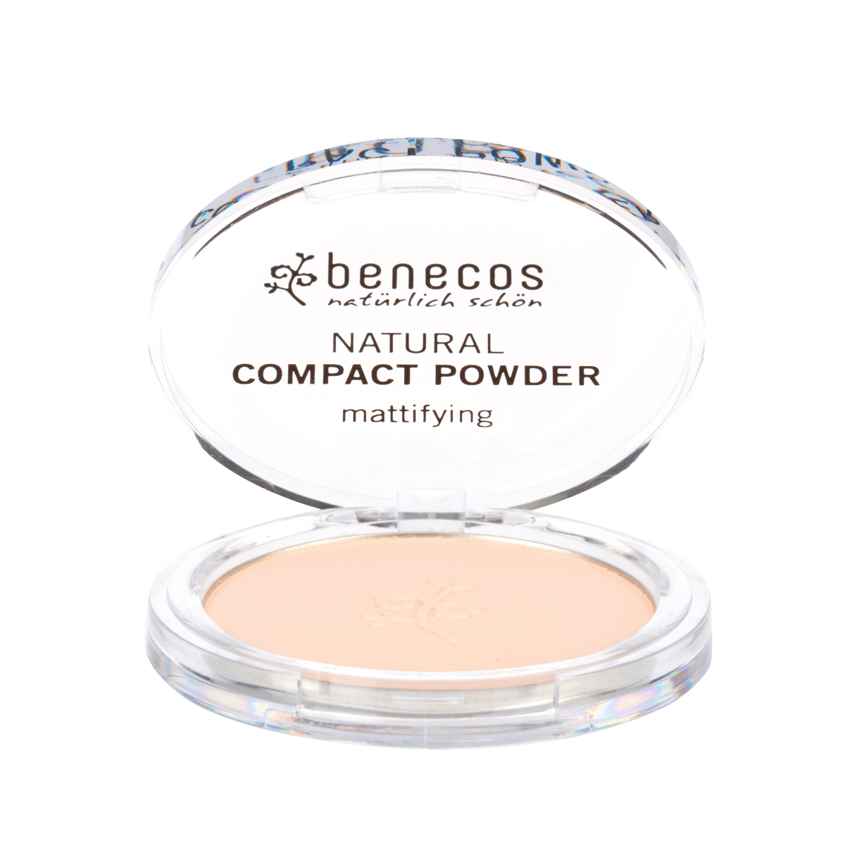 Benecos Natural Beauty compact powder in porcelain shade, 9g, for natural makeup finish, shown in its open container.