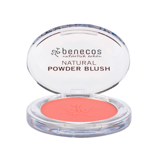 Benecos Natural Beauty compact blush in Sassy Salmon, 5.50g, showcasing the pink-orange shade in a sleek makeup compact.