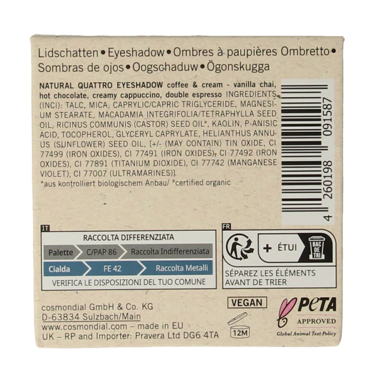 Benecos Natural Beauty Coffee & Cream Eyeshadow Quattro set with four neutral shades for versatile eye makeup application.