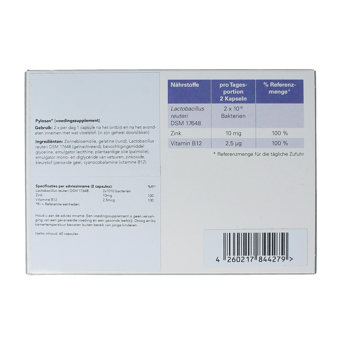 Laves Pylosan 60 capsules containing micro-organisms for digestive health, with a white bottle and label showing product details.