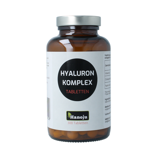 Hanoju Hyaluron Complex 500mg dietary supplement tablets, 300 count, with capsules showing on a white background.
