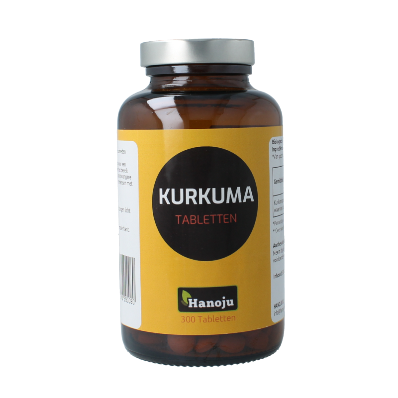 Hanoju Kurkumapoeder 500mg herbal supplement in a bottle of 300 tablets, natural turmeric powder dietary supplement.