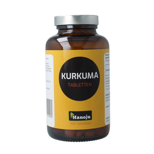 Hanoju Kurkumapoeder 500mg herbal supplement in a bottle of 300 tablets, natural turmeric powder dietary supplement.