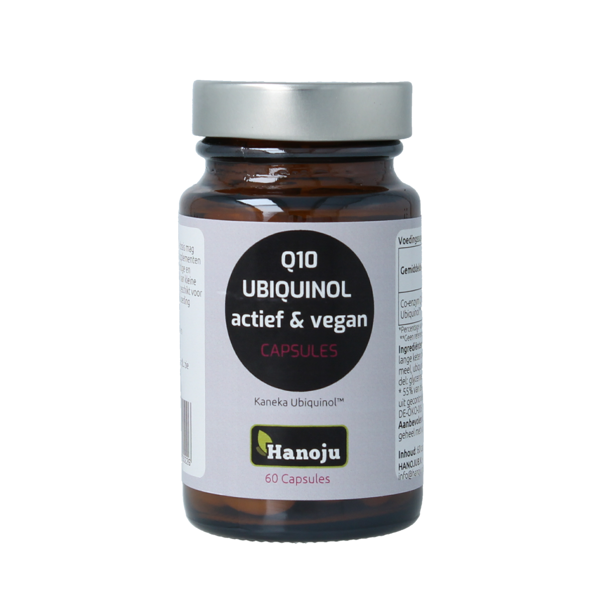 Hanoju Ubiquinol Kaneka actief vegan vitamin capsules, 60 count, showing the supplement bottle with capsules inside.
