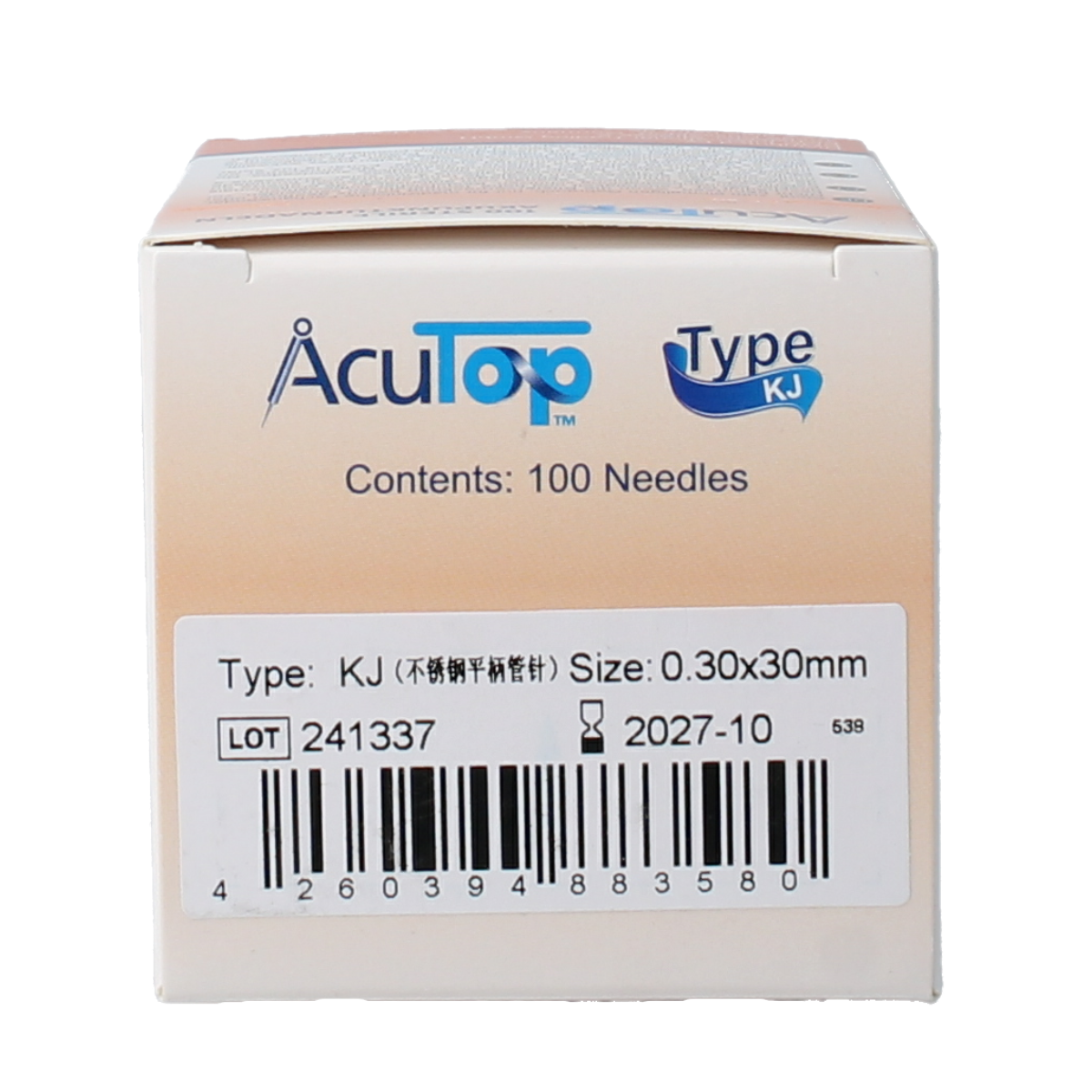 AcuTop KJ-T dry needle lancet 0.30 x 30mm, set of 100 sterile lancets used for blood sampling in medical procedures.