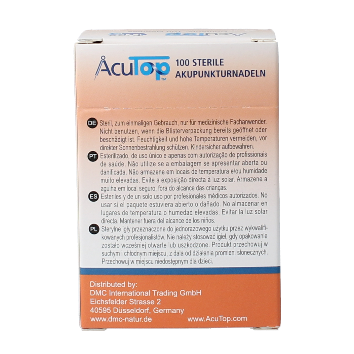 AcuTop KJ-T dry needle lancet with 0.30 x 30mm tips, shown in a tray of 100 sterile lancets for blood sampling.