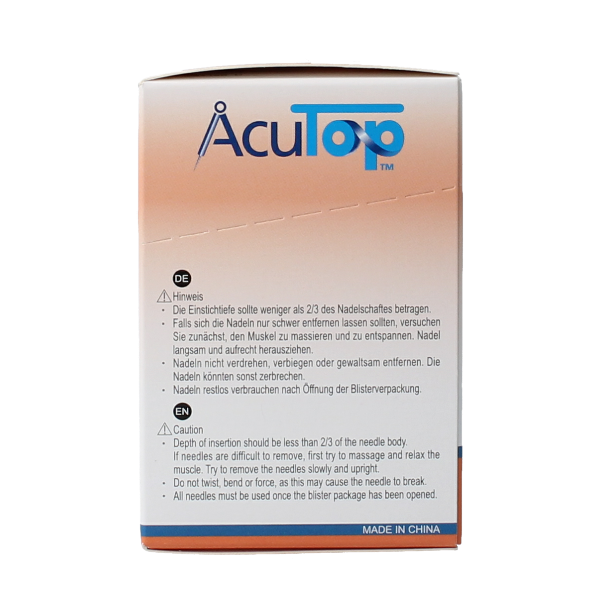 AcuTop KJ-T dry needle lancets, 0.30 x 30mm, set of 100 for blood sampling, displayed on a white background.