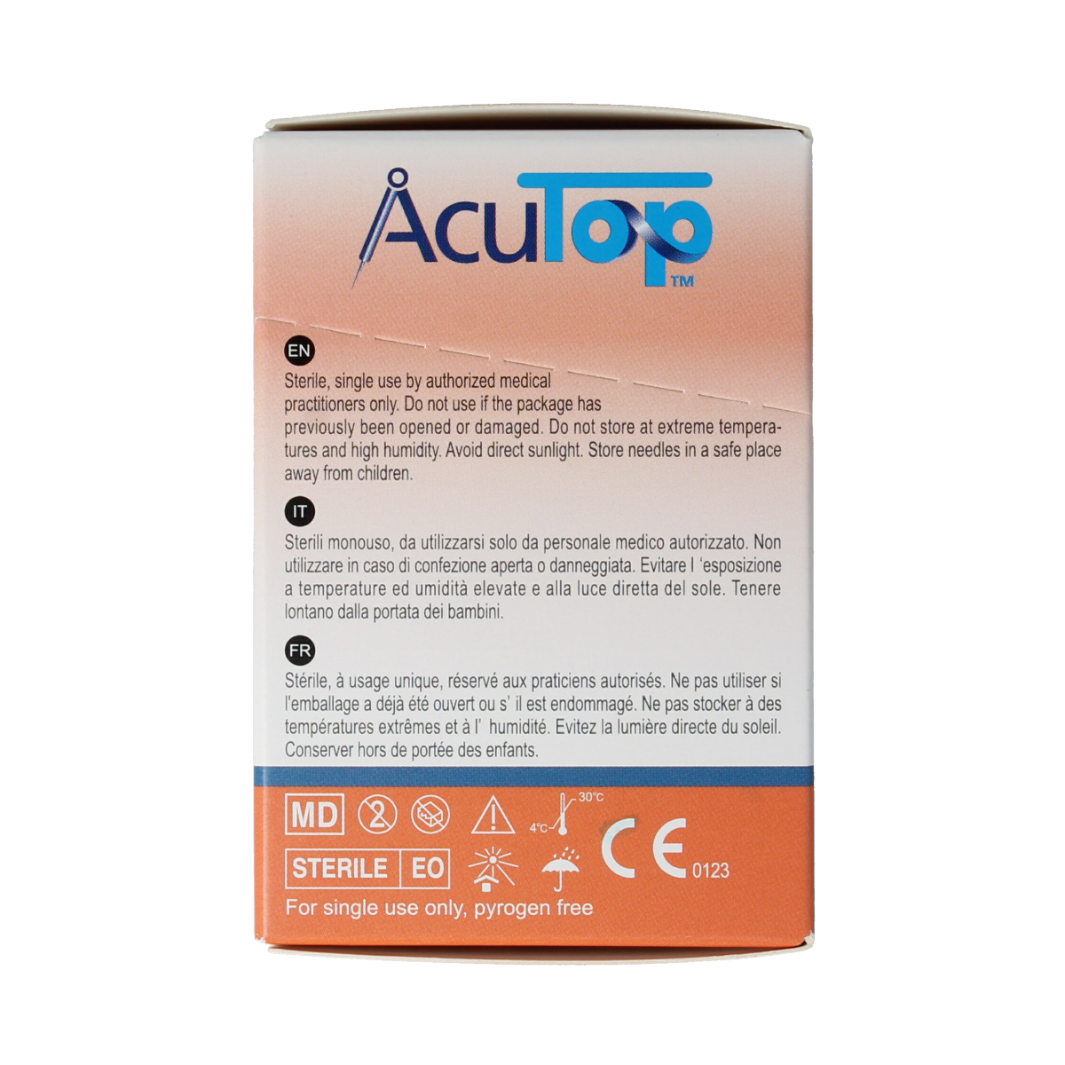 AcuTop KJ-T dry needle lancet 0.16 x 30mm, 100 count, used for blood sampling and medical testing.