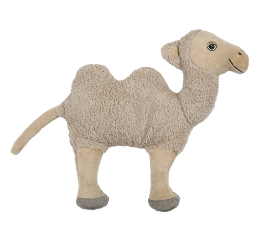 Warmies Kameel kruik with plush fabric and embroidered features, designed for warmth and comfort.