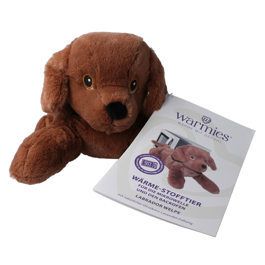 Warmies Labrador puppy-shaped hot water bottle, cozy plush fabric, soft plush material, designed for warmth and comfort.