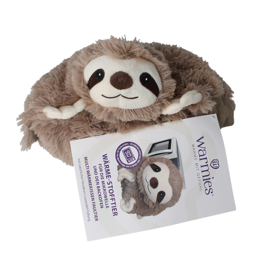 Warmies luiaard kruiken, soft plush toy with heating features, designed for comfort and warmth, shown in the product image.